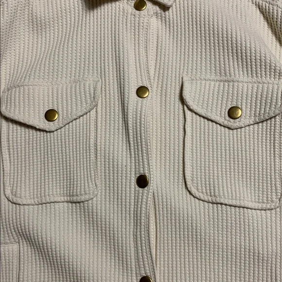 J. Crew Women Waffle-Knit Button-Up Large Cream Gold-Button Shirt-Jacket Quiet - Picture 6 of 14